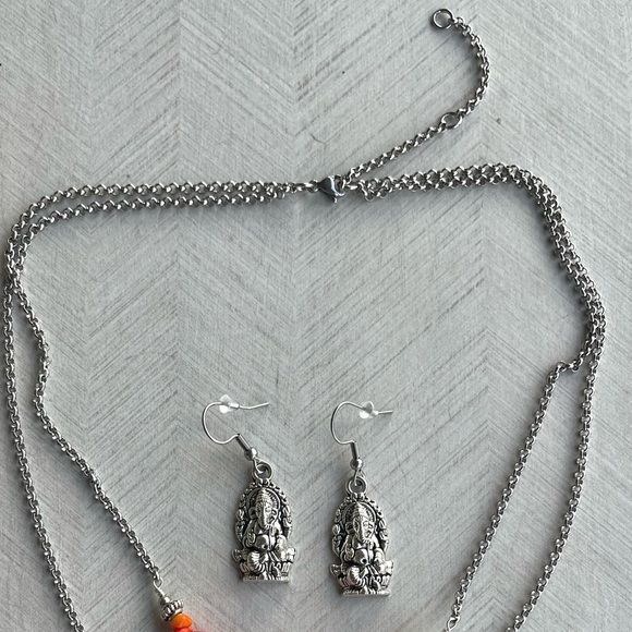 Set ! Red orange coral double layer ganesh necklace + earrings boho yoga zen gem - Picture 12 of 14
